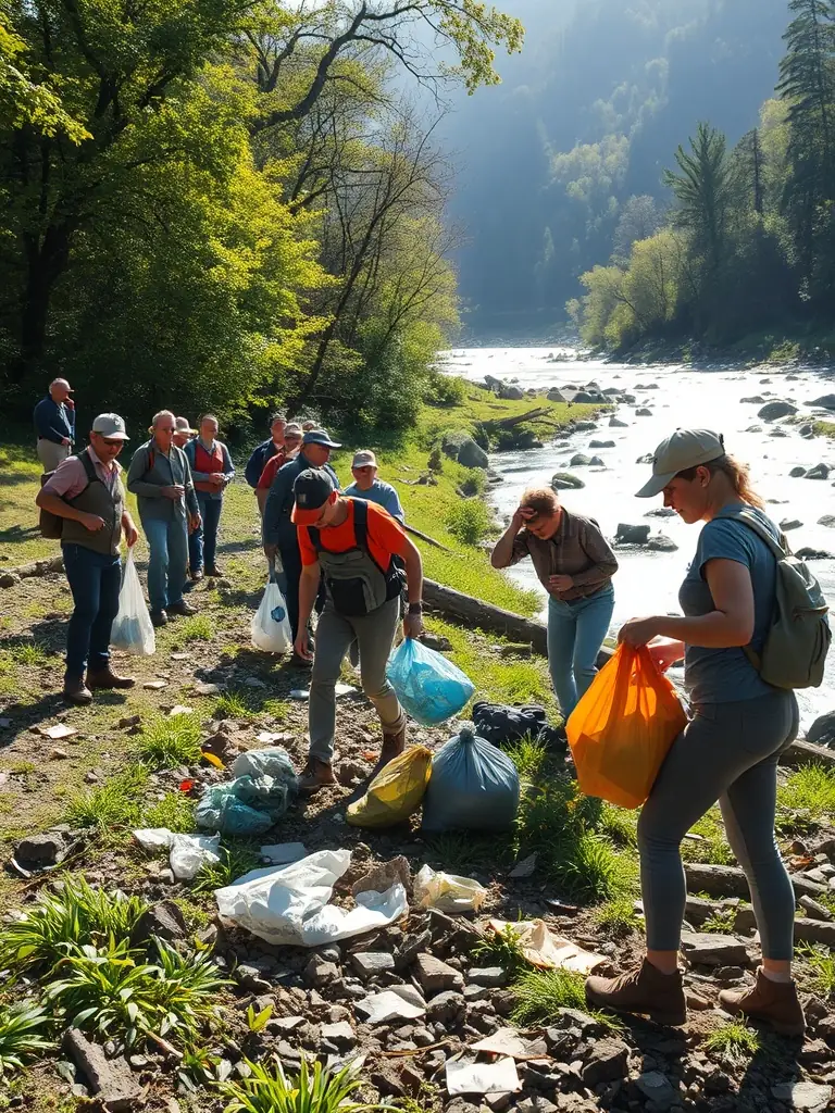 Volunteers participating in a river cleanup event, removing debris and restoring the natural habitat along the riverbank.