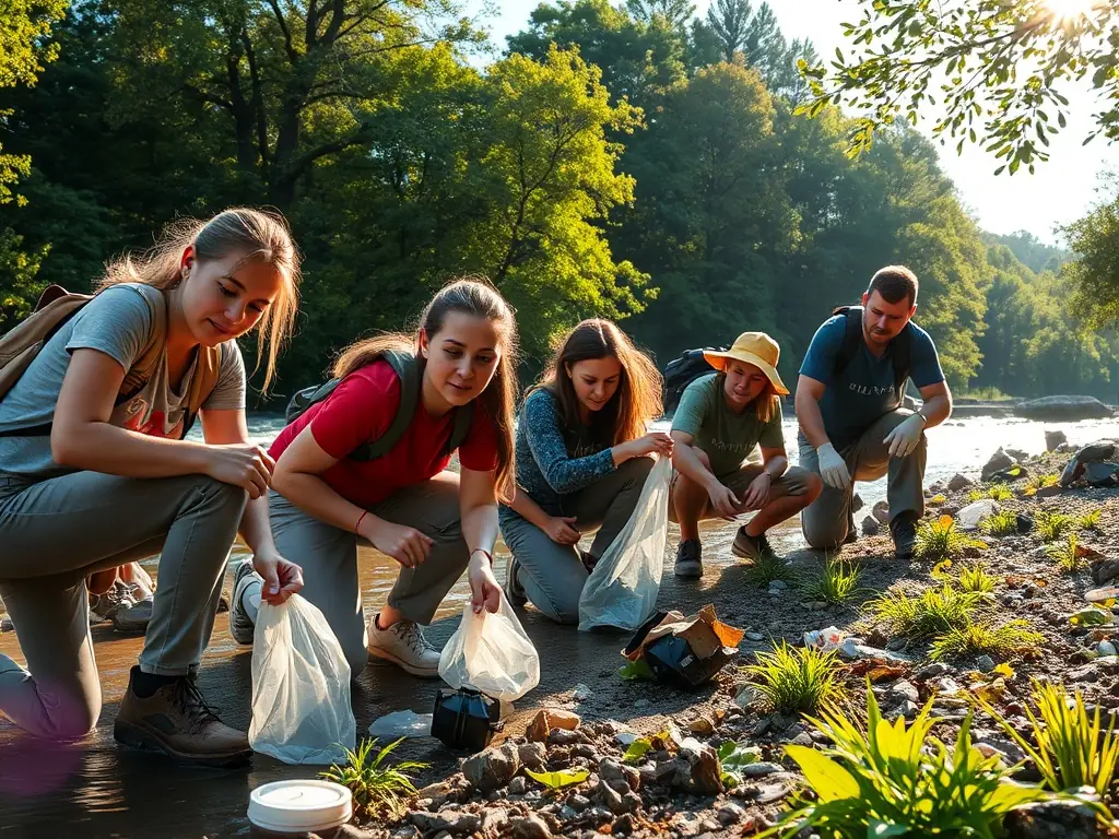 Volunteers participating in a river cleanup activity, removing trash and debris from the riverbanks, demonstrating the organization's commitment to preserving the natural environment.