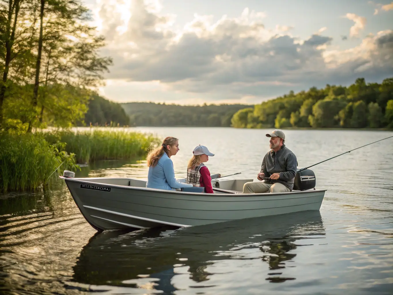 A group of people participating in a guided fishing tour on a calm river in Normandy, France, with lush green banks and clear water, showcasing the beauty of the natural environment and the joy of fishing.