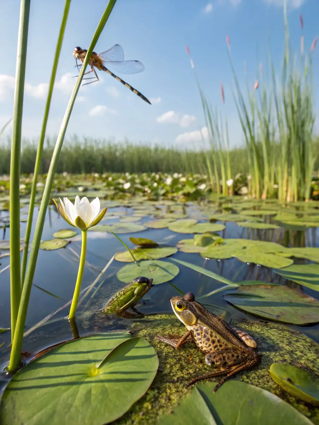 A photograph of a clean and thriving aquatic habitat in Normandy, teeming with diverse plant and animal life.