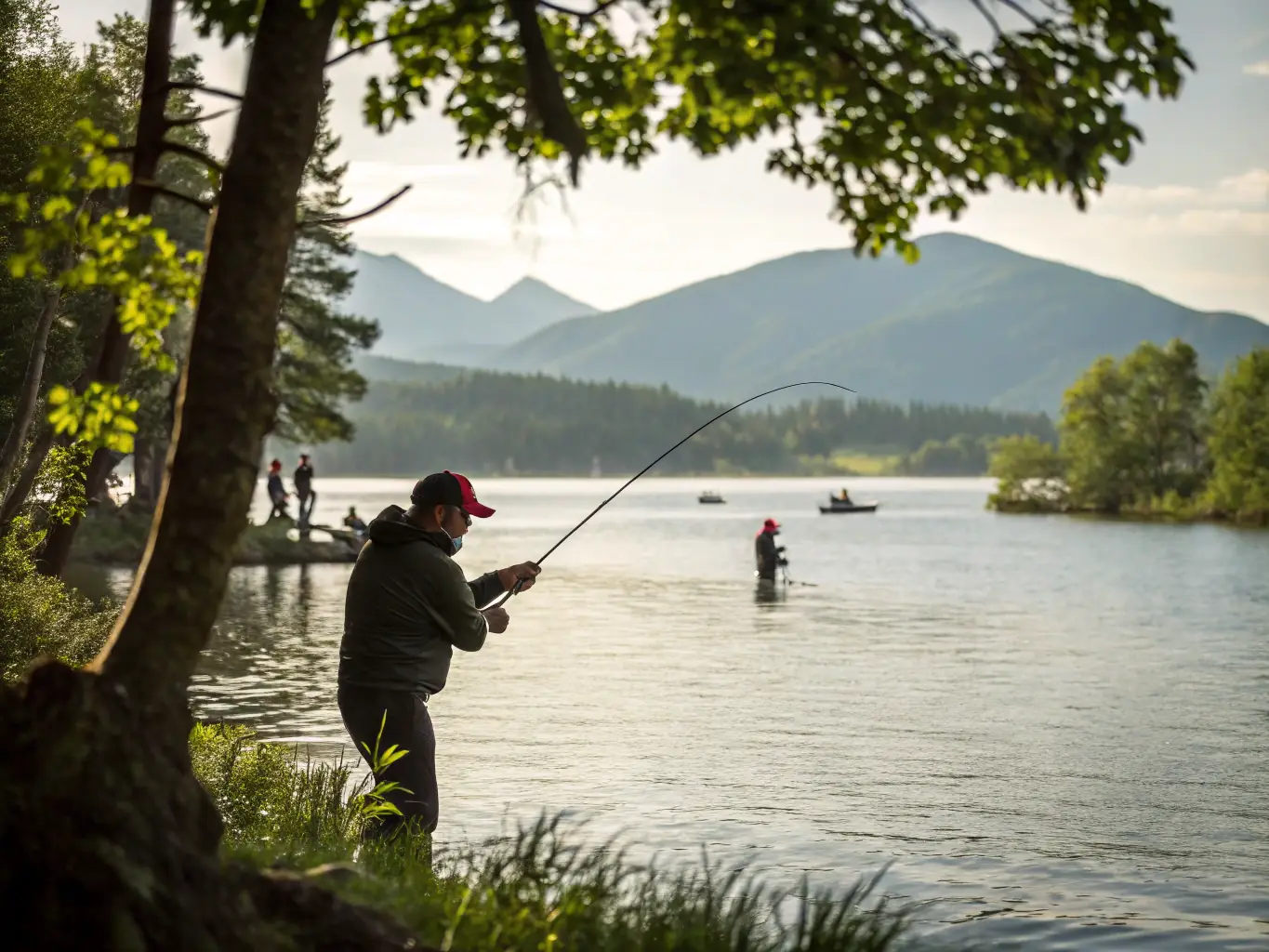 A dynamic image of anglers participating in a regional fishing competition, showcasing the excitement and camaraderie of competitive sport fishing in Normandy.