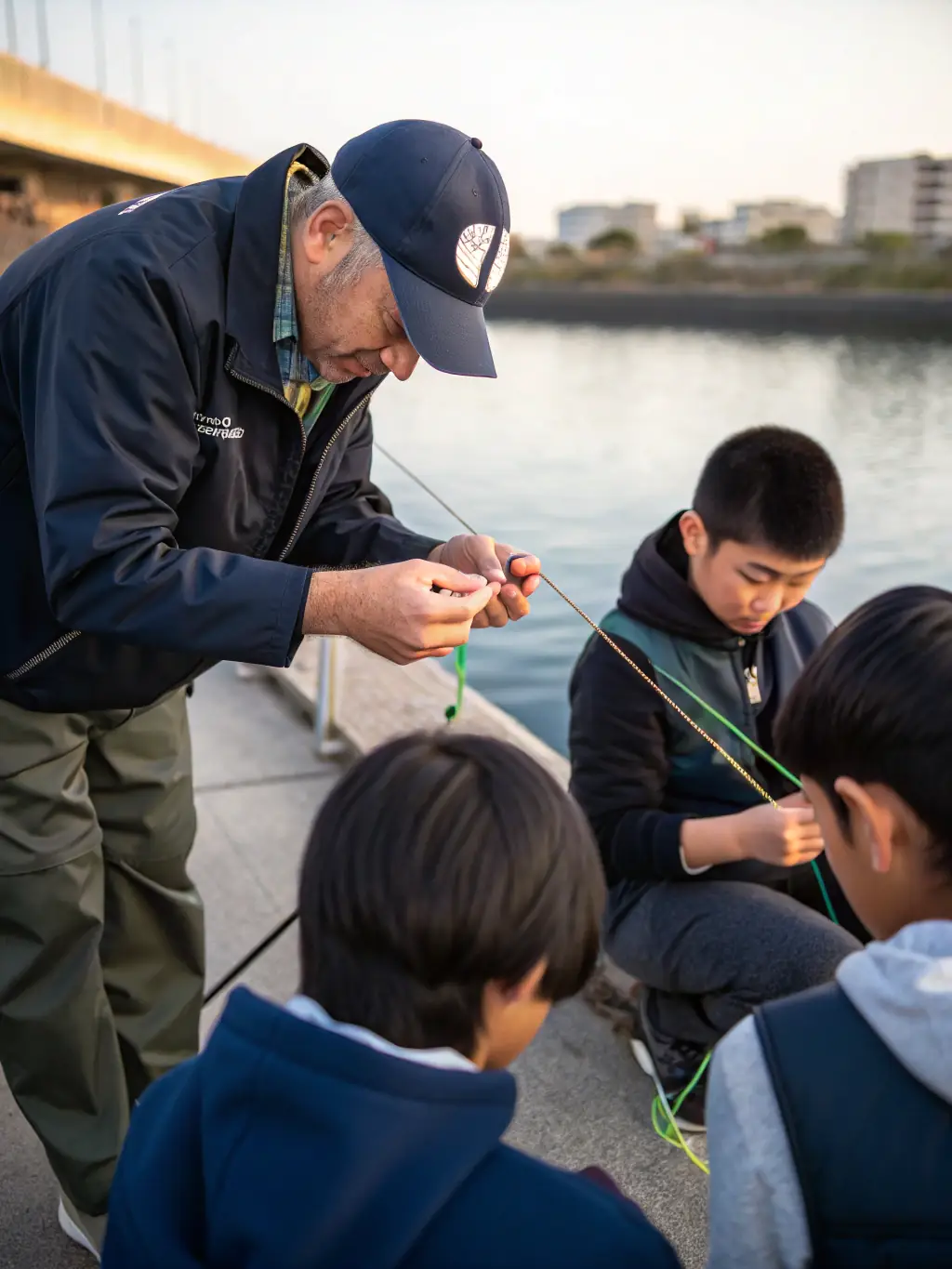 A group of children learning to tie fishing knots at a youth fishing workshop, with an instructor demonstrating the technique.