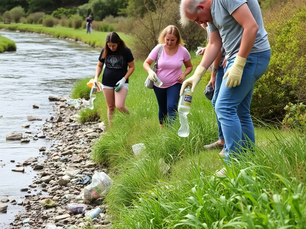 A serene image of volunteers participating in a river cleanup initiative, collecting debris and restoring the natural habitat along a Normandy waterway.