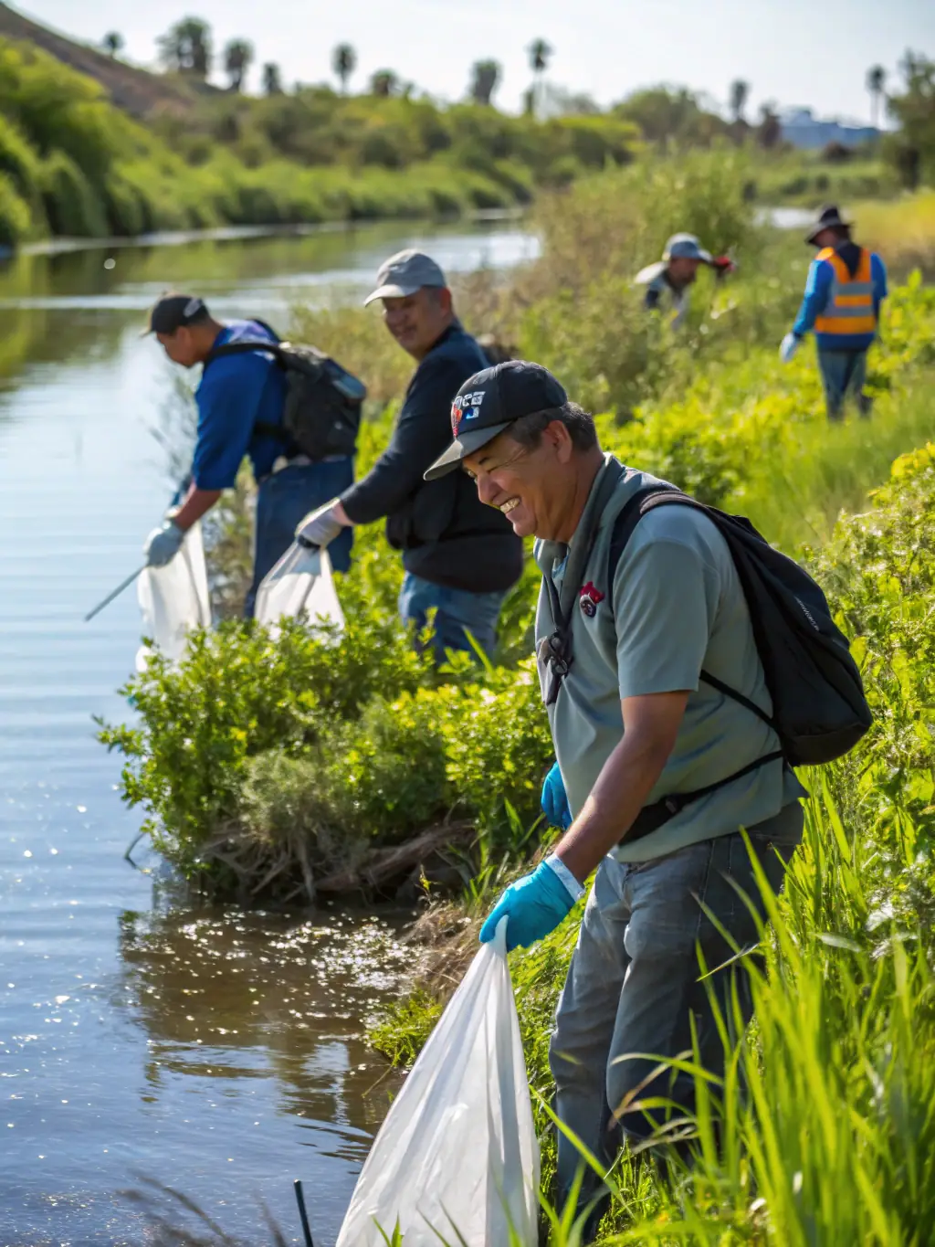 An image of a group of anglers participating in a river cleanup activity, collecting litter and debris to maintain a pristine environment.