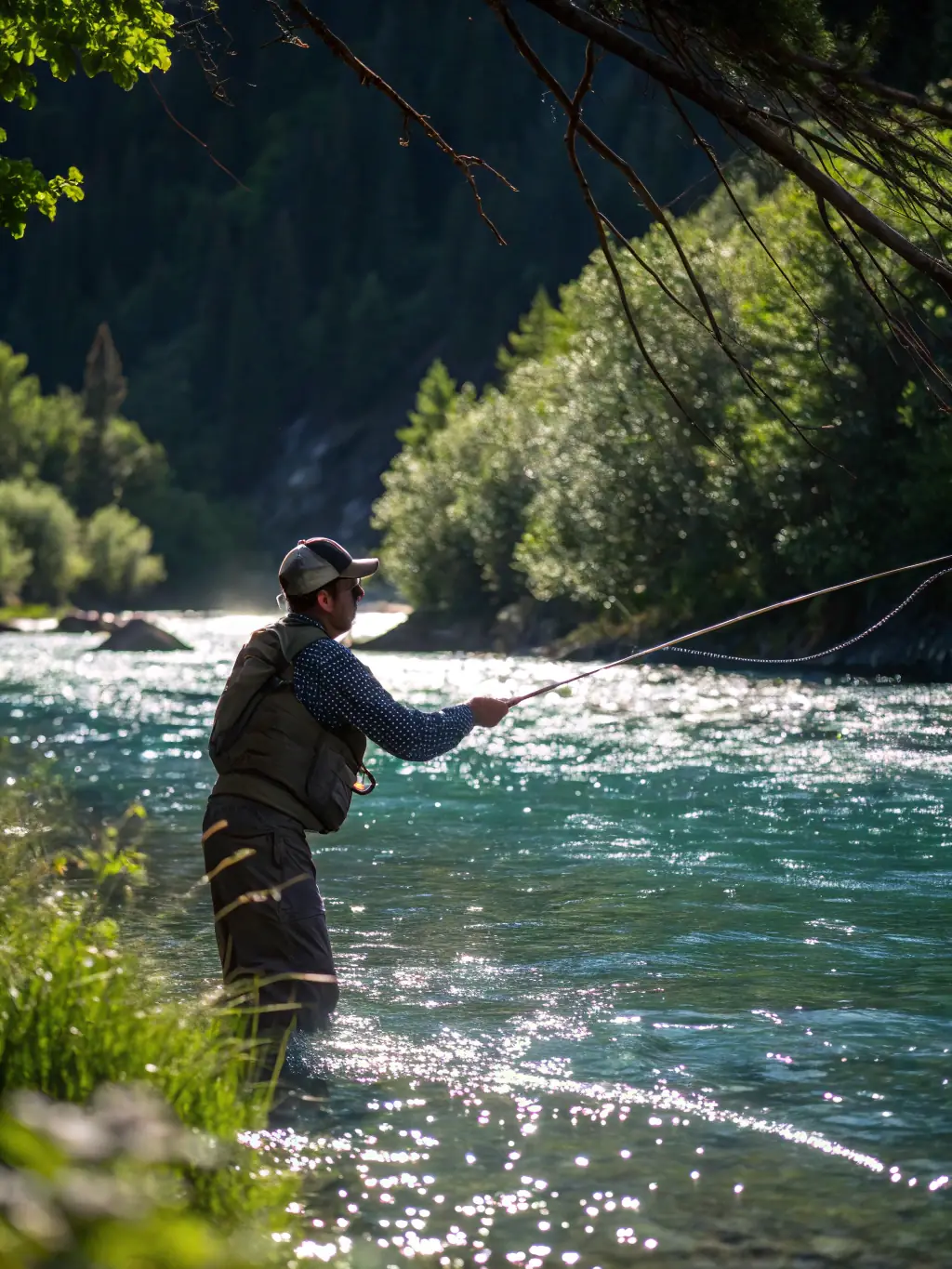 A serene image of a fisherman carefully releasing a fish back into a clear Normandy river, showcasing the practice of catch and release.