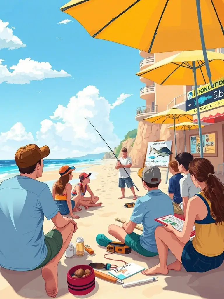 A picture of a fishing education workshop, where instructors are teaching children about sustainable fishing techniques and environmental stewardship.